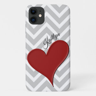 Capa Para iPhone 11 Coração Vermelho na Cinza Chevron Stripe