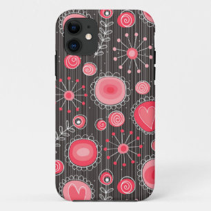 Capa Para iPhone 11 Corações de cinza e vermelhos brancos e flores flo