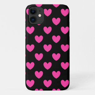 Capa Para iPhone 11 Corações de polca cor-de-rosa fuchsia em preto