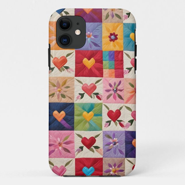Capa Para iPhone 11 Corações e colcha de flores (Verso)