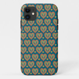Capa Para iPhone 11 Corações Românticos Folksy Vermelho e Verde em Tea