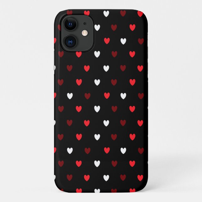 Capa Para iPhone 11 Corações vermelhos e brancos no preto (Verso)