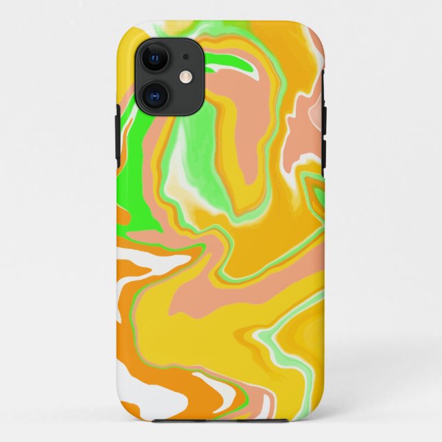Capa Para iPhone 11 Coral, Laranja, Verde limão, Arte Fluida (Verso)