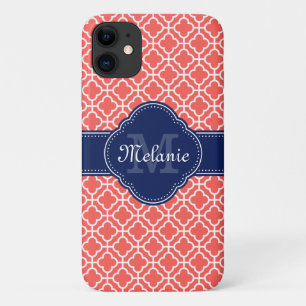 Capa Para iPhone 11 Coral Rosa Que Monograma Do Marinho De Padrão Marr