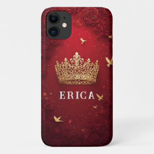 Capa Para iPhone 11 Coroa Dourada em Fundo Vermelho Cercada por Rosas