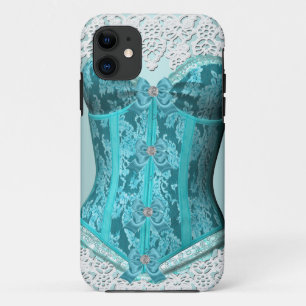 Capa Para iPhone 11 Corset Teal Blue Lace White Damask Floral