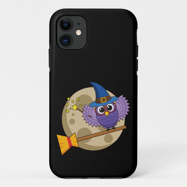 Capa Para iPhone 11 Coruja do Cartoon voando na vassoura (Verso)