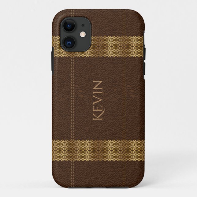 Capa Para iPhone 11 Couro castanho e Dourado Stripes Monograma (Verso)