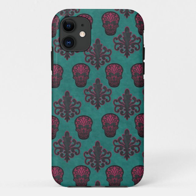 CAPA PARA iPhone 11 CRÂNIO DAMASCO ROSA QUENTE SOBRE TURQUESA (Verso)
