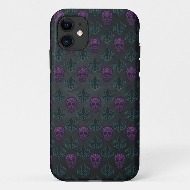 CAPA PARA iPhone 11 CRÂNIO DAMASK AZUL-VERDE ROXO (Verso)