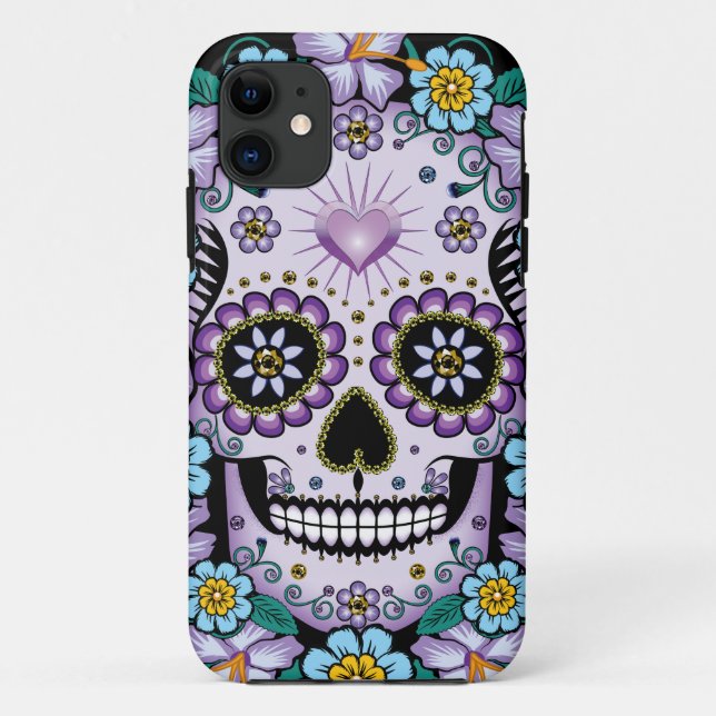 Capa Para iPhone 11 Crânio de Açúcar Roxo com Flores (Verso)