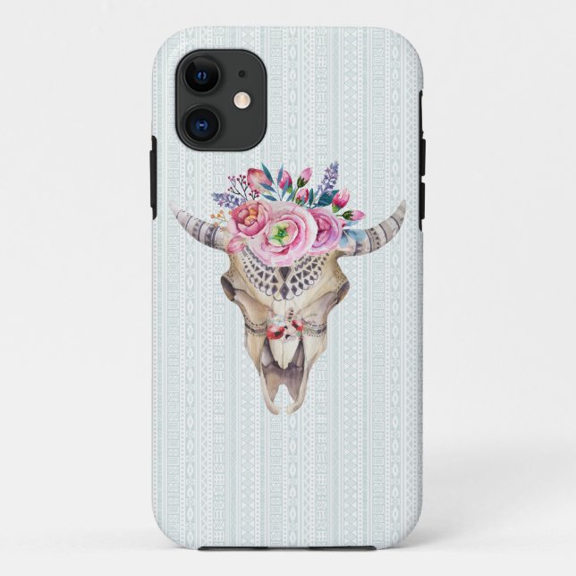 Capa Para iPhone 11 Crânio De Bisão De Aquarela Com Flores (Verso)