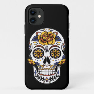 Capa Para iPhone 11 Crânio de Rosa Amarelo em Preto