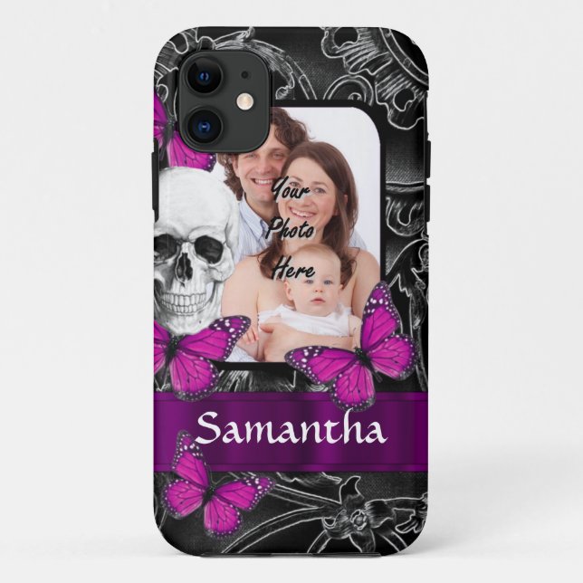 Capa Para iPhone 11 Crânio gótico e borboletas (Verso)