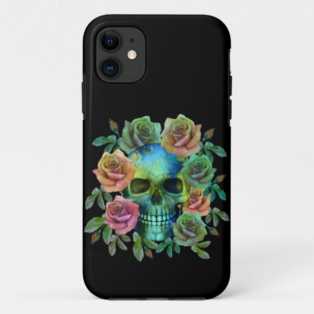 CAPA PARA iPhone 11 CRÂNIO VERDE MORTO COM FLORES (Verso)