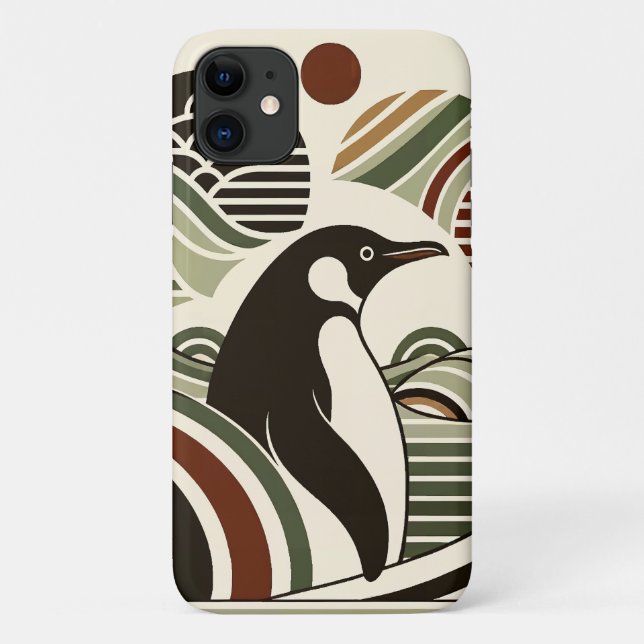 Capa Para iPhone 11 Cream Olive Green Maroon Penguin Ondas Na Arte Dec (Verso)