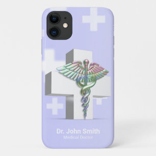 Capa Para iPhone 11 Cruz Branca Holográfica Médica 3D Caduceus