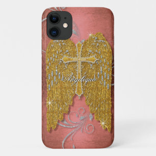 Capa Para iPhone 11 Cruz com a Dourada Glitter Diamond Jewel Angel Win