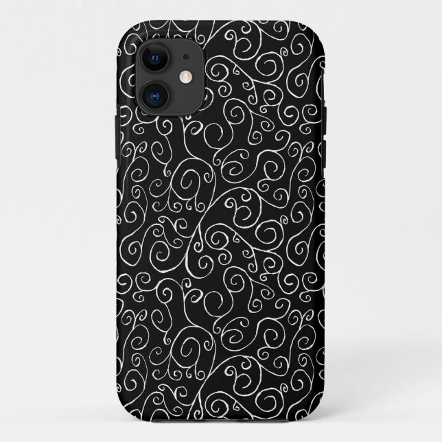 Capa Para iPhone 11 Curvas de Rolagem Brancas em Preto (Verso)