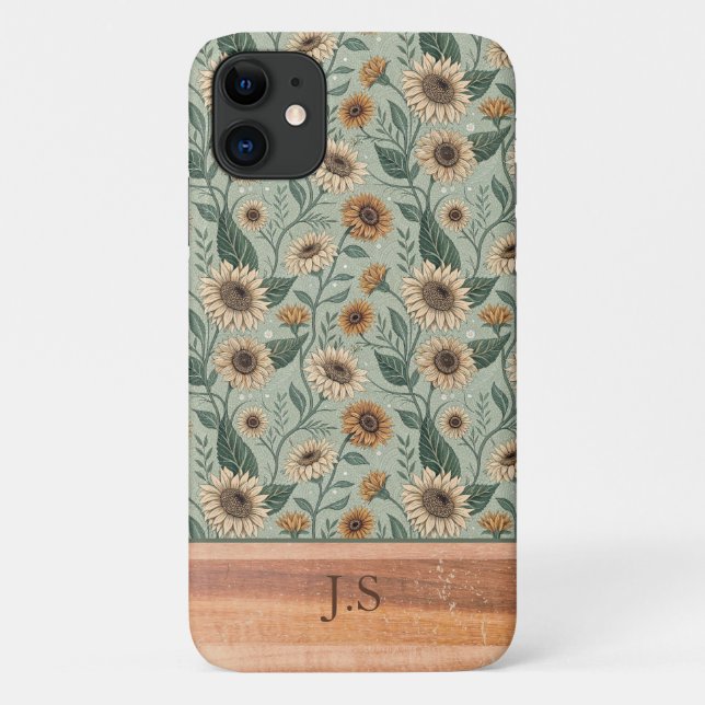 Capa Para iPhone 11 Custom Boho Sunflowers Wood Effect (Verso)