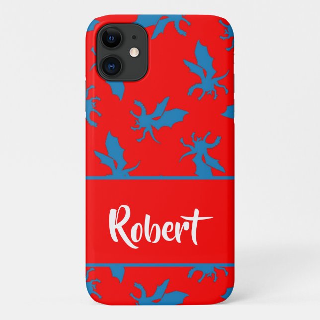 Capa Para iPhone 11 Custom name blue dragons on red (Verso)