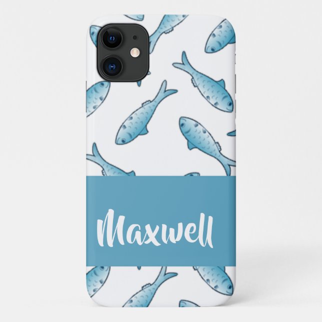 Capa Para iPhone 11 Custom name blue fish on white (Verso)