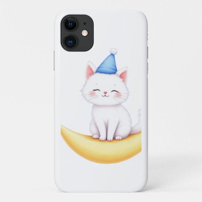 Capa Para iPhone 11 Cute White Kitten on Moon iPhone / iPad case (Verso)