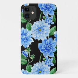 Capa Para iPhone 11 dahlias azuis em preto