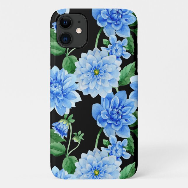 Capa Para iPhone 11 dahlias azuis em preto (Verso)