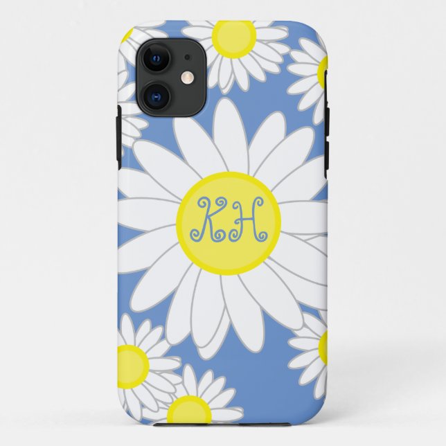 Capa Para iPhone 11 Daisy Monograma Azul Branco e Amarelo (Verso)
