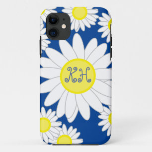 Capa Para iPhone 11 Daisy Monograma Marinho Azul Branco e Amarelo