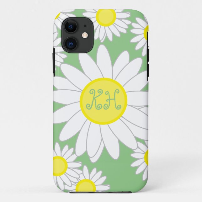 Capa Para iPhone 11 Daisy Monograma Verde Branco e Amarelo (Verso)