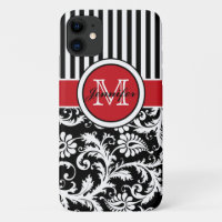 Damasco branco branco preto monograma, vermelho