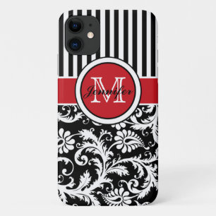 Capa Para iPhone 11 Damasco branco branco preto monograma, vermelho
