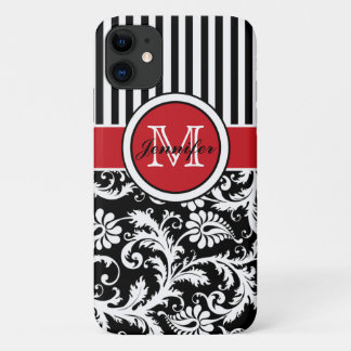 Capa Para iPhone 11 Damasco branco branco preto monograma, vermelho