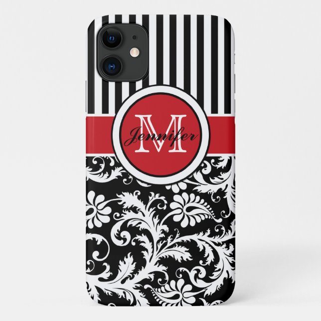Capa Para iPhone 11 Damasco branco branco preto monograma, vermelho (Verso)