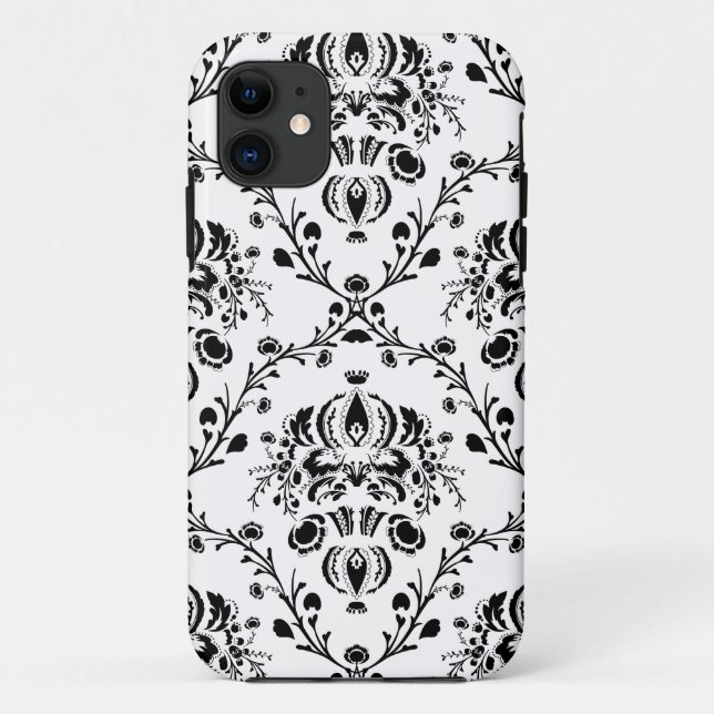 Capa Para iPhone 11 Damasco branco e preto (Verso)