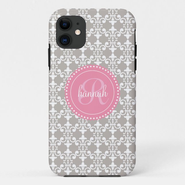 Capa Para iPhone 11 Damasco cinzento e cor-de-rosa moderno (Verso)