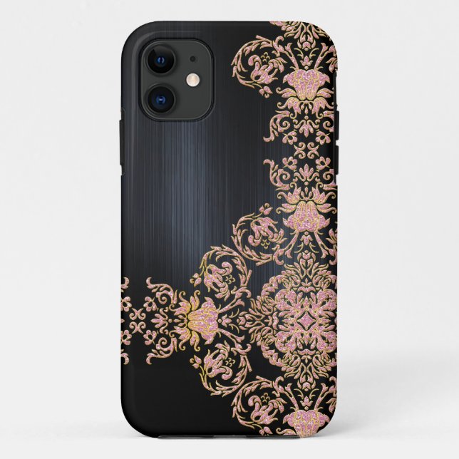 Capa Para iPhone 11 Damasco com Largura Cor-de-Rosa Preta (Verso)