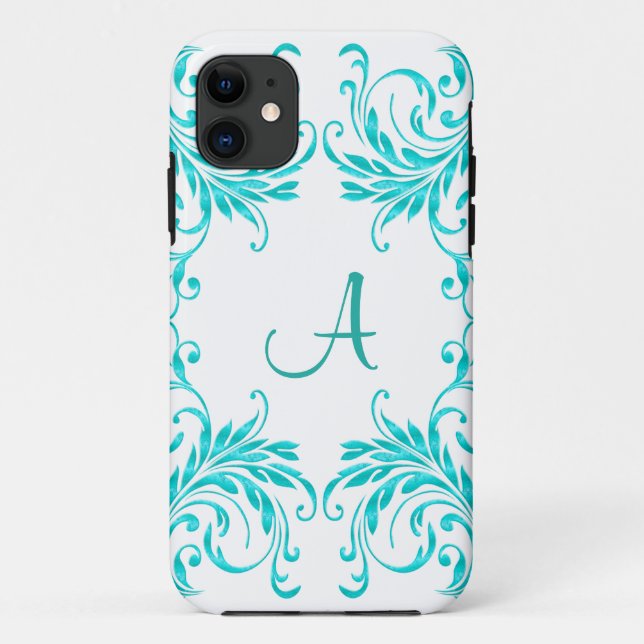 Capa Para iPhone 11 Damasco do azul do Aqua do monograma (Verso)