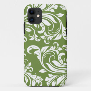 Capa Para iPhone 11 Damasco floral escuro do verde azeitona e o branco