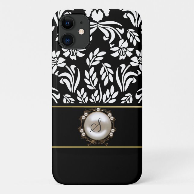 Capa Para iPhone 11 Damasco Floral Negro e Branco (Verso)