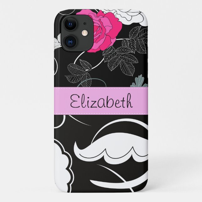 Capa Para iPhone 11 Damasco francês, flores, preto e branco, seu nome (Verso)