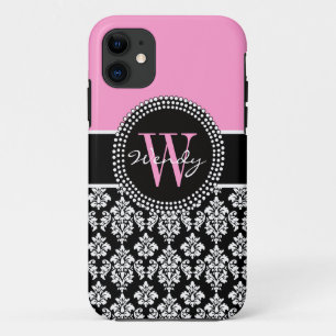 Capa Para iPhone 11 Damasco inicial personalizado preto-rosa