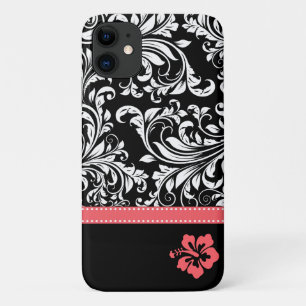 Capa Para iPhone 11 Damasco Preto e Branco com flor de Hibiscus Coral