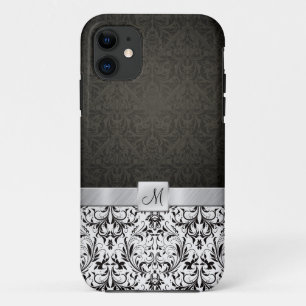 Capa Para iPhone 11 Damasco preto e branco com monograma