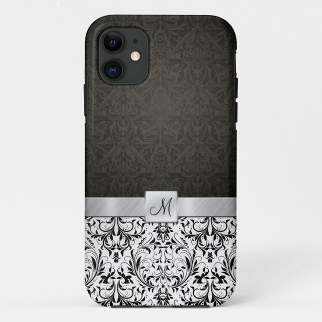 Capa Para iPhone 11 Damasco preto e branco com monograma (Verso)