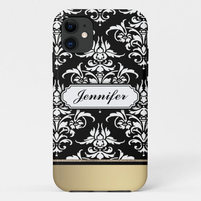 Capa Para iPhone 11 Damasco preto e branco elegante com ouro inferior (Verso)