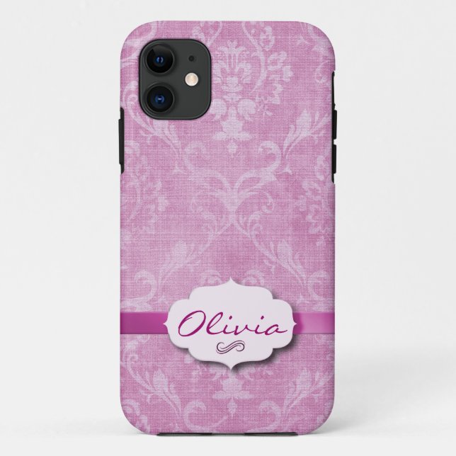 Capa Para iPhone 11 Damasco rosa com placa de nome (Verso)