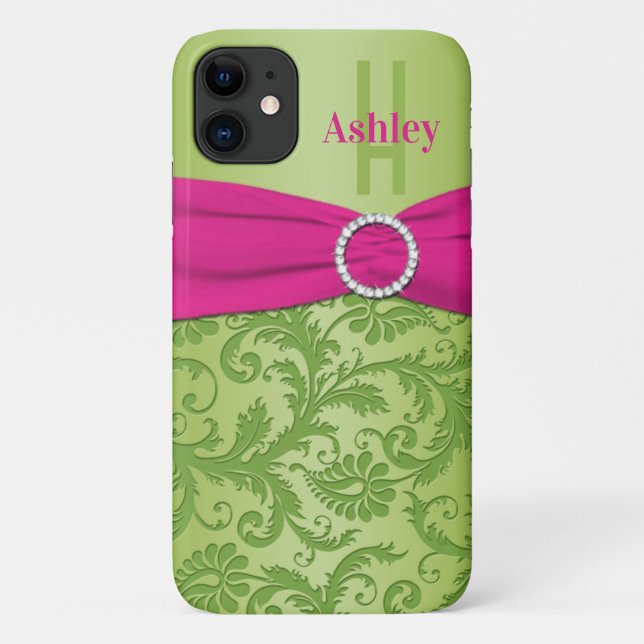 Capa Para iPhone 11 Damasco Rosa Personalizado e Verde (Verso)